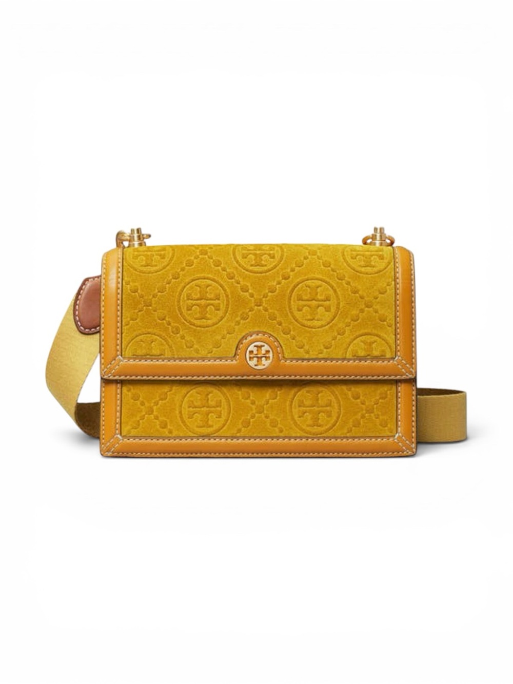 ✧ Tory Burch Suede Embossed Shoulder Bag In Deep Sunflower - Picture 1 of 9